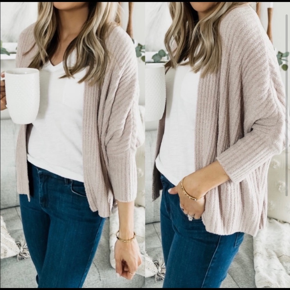 Barefoot Dreams CozyChic Lite Ribbed Cardigan Shrug Blush Pink S/M